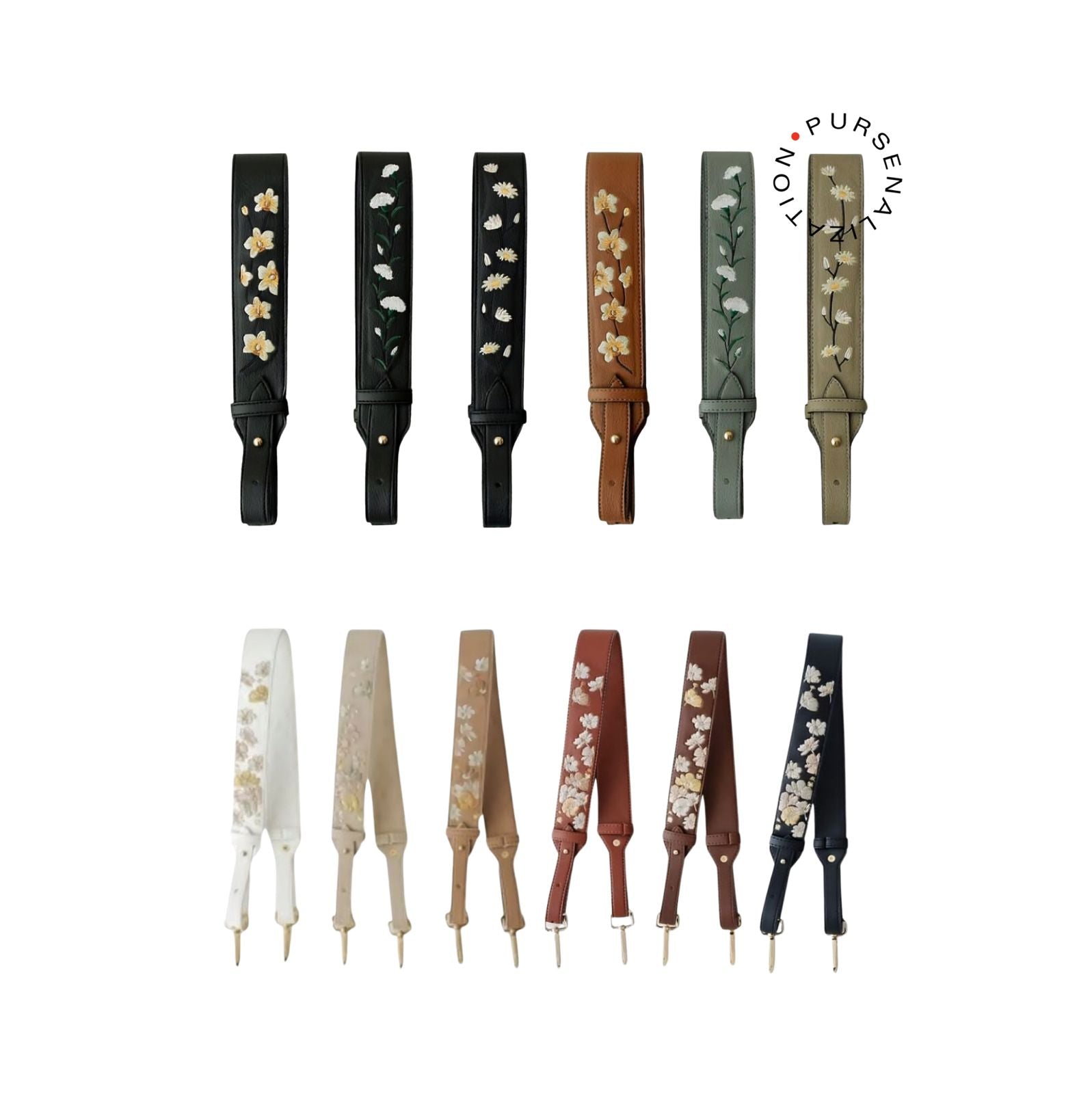 An image of twelve variants of Embroidered Leather Strap for Handbags.